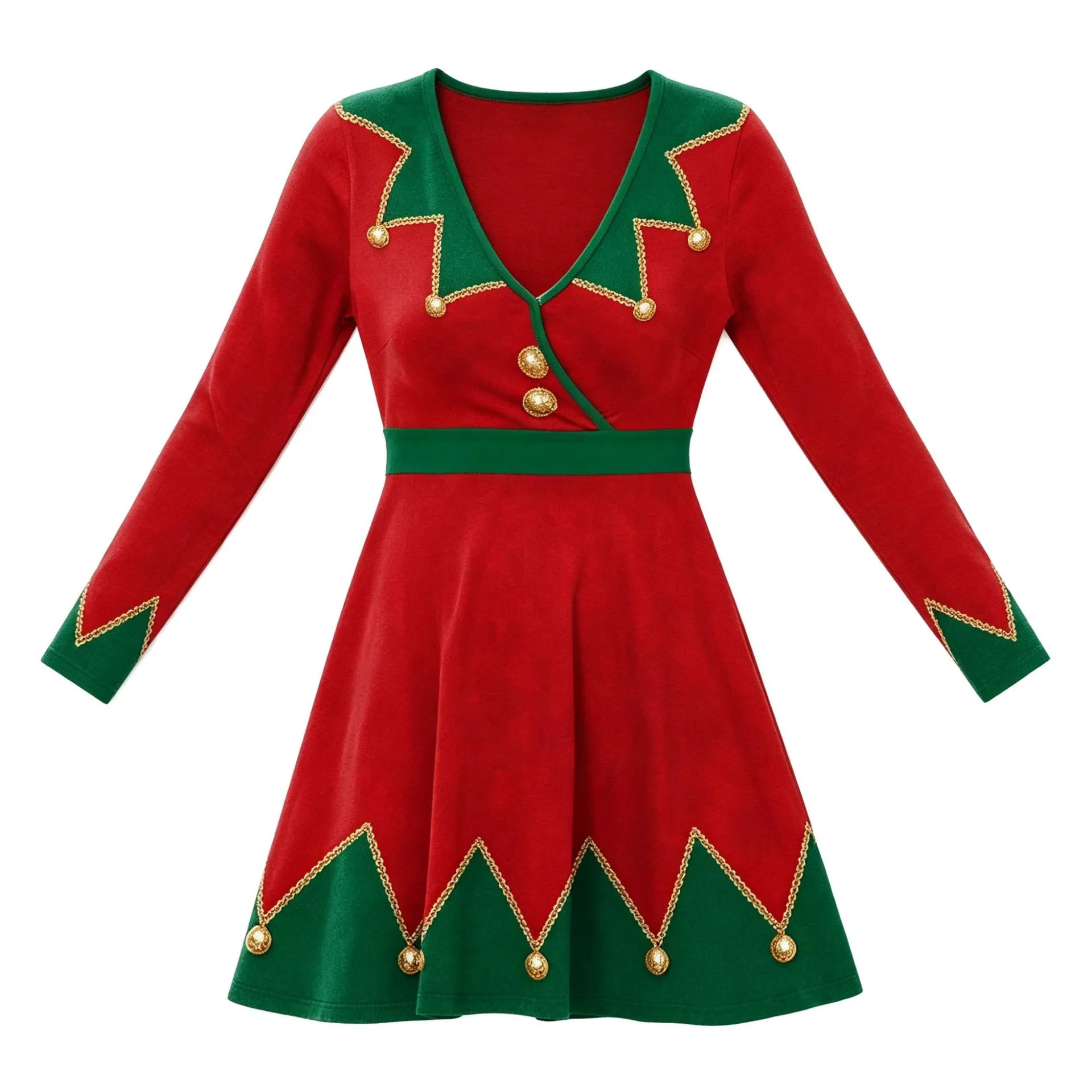 Christmas Elf V-Neck Long Sleeve Costume Dress, Holiday Party Dress
