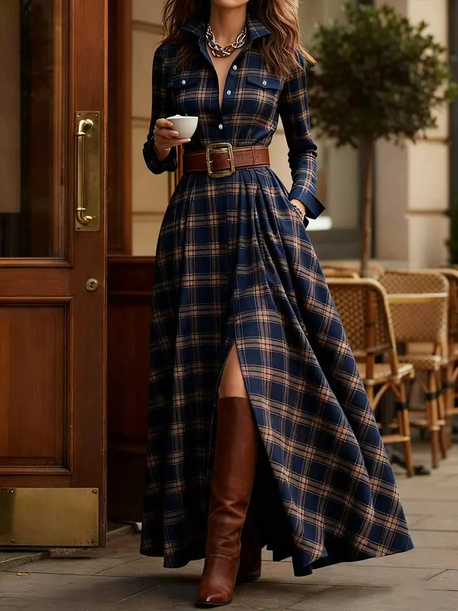 Vintage Western Tartan Plaid Maxi Dress for Collared Long Sleeve Flowy A Line Shirt Dress