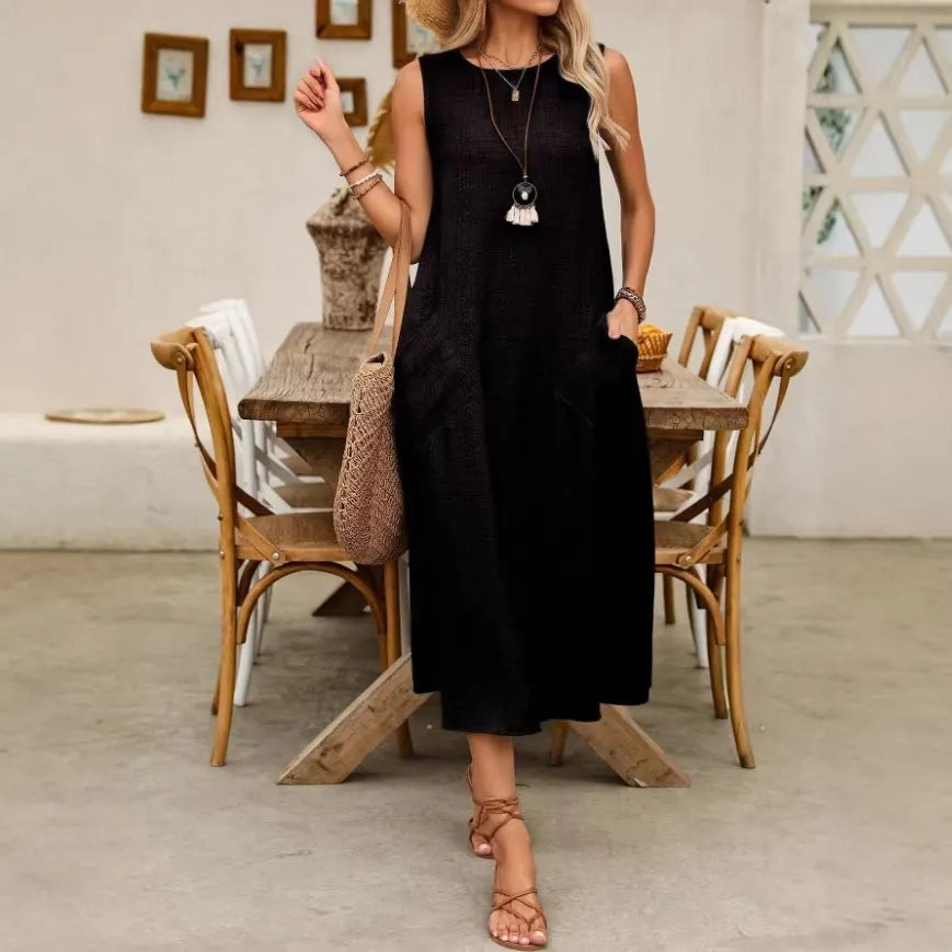 Solid Color Round Neck Sleeveless Loose A-Line Pocket Casual Maxi Dress