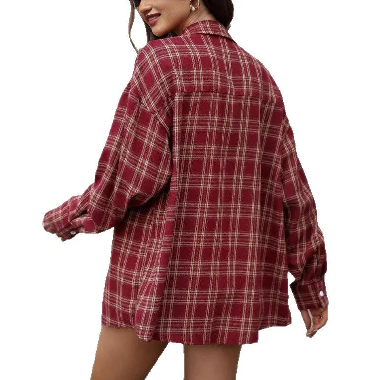 Wine Red Tartan Plaid Shirt, Oversized Longline Button Front Casual Blouse