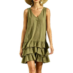 Solid V-Neck Sleeveless Layered Ruffle Spliced Straight Loose Mini Dress