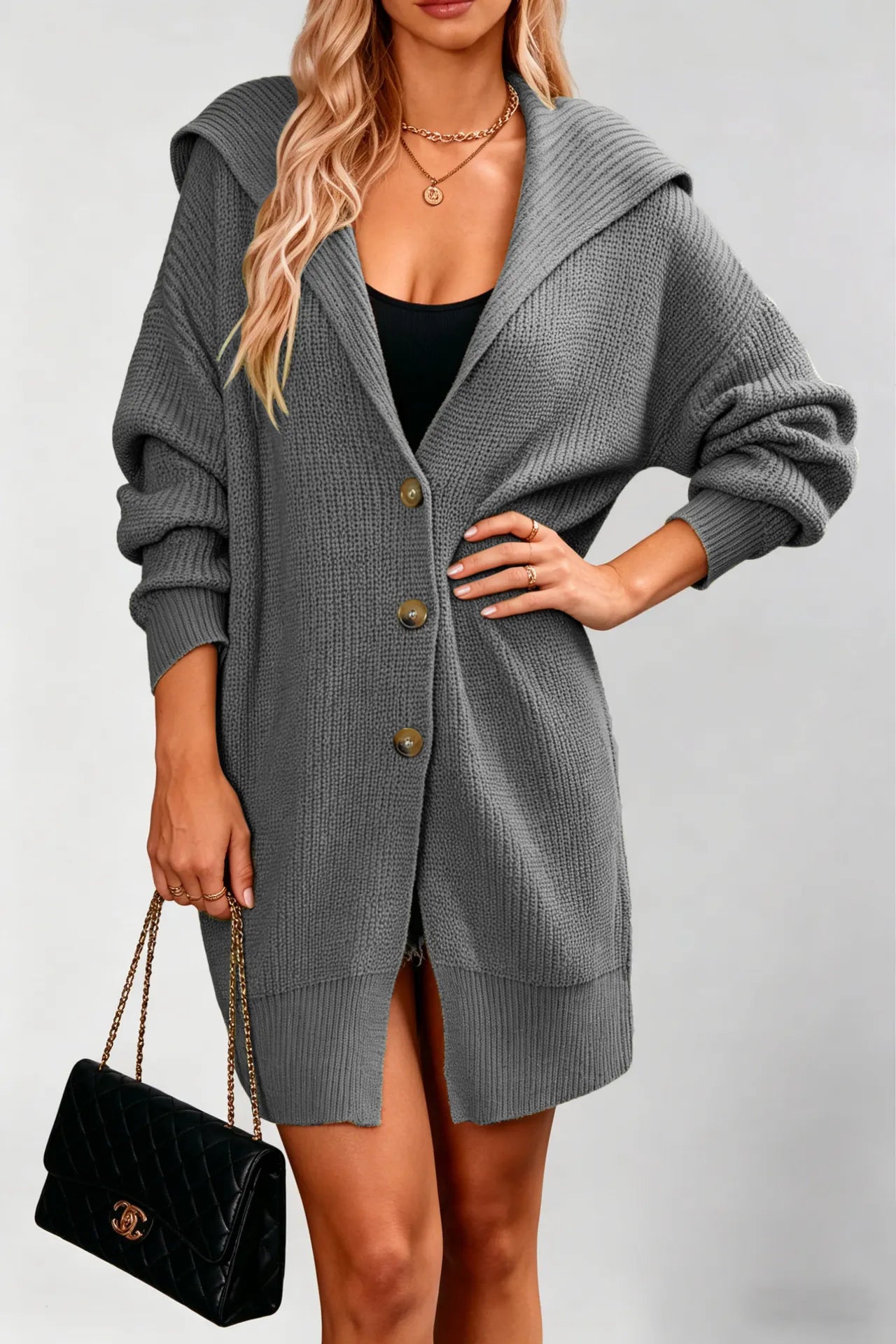 Waffle Knit Lapel Button Midi Pocket Cardigan Sweater