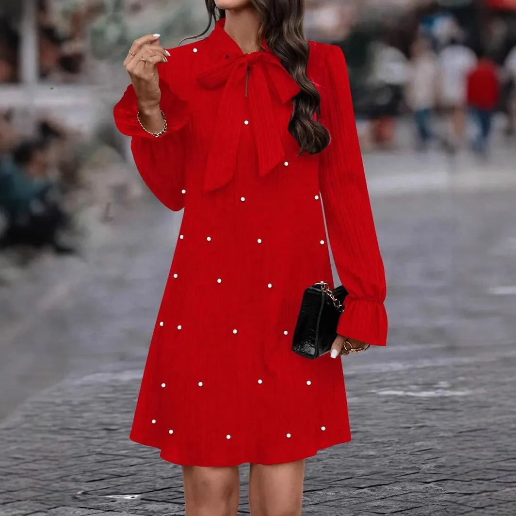 Bow Tie Pearl Long Sleeve Shift Mini Dress