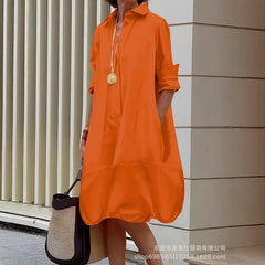 Solid Color Button Front Pocket Shirt Midi Dress