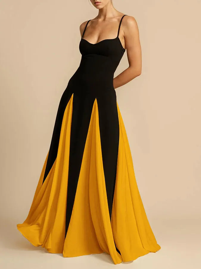 Black & White Contrast Spaghetti Strap High-Waisted A-Line Maxi Dress