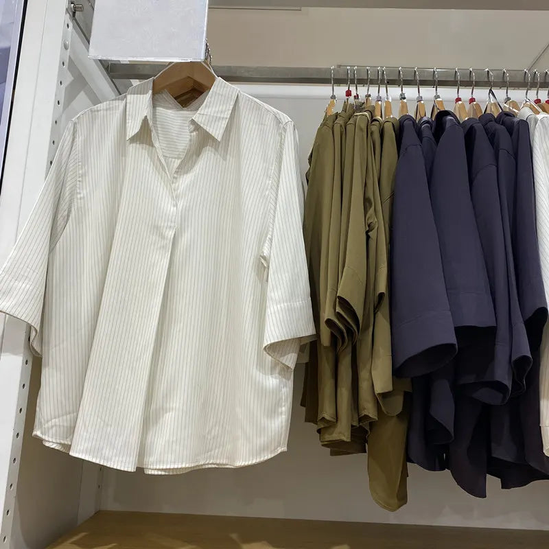 Striped Collared Half-Open Button Shirt