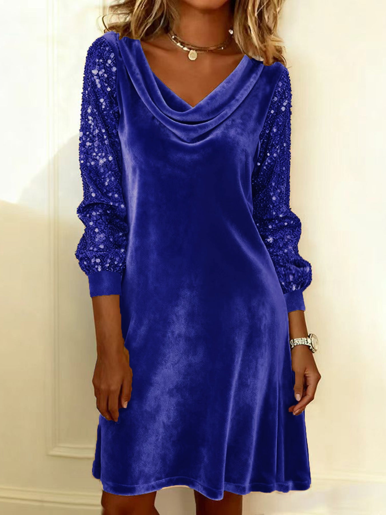 Golden Velvet Sequined-Sleeve Shift Dress