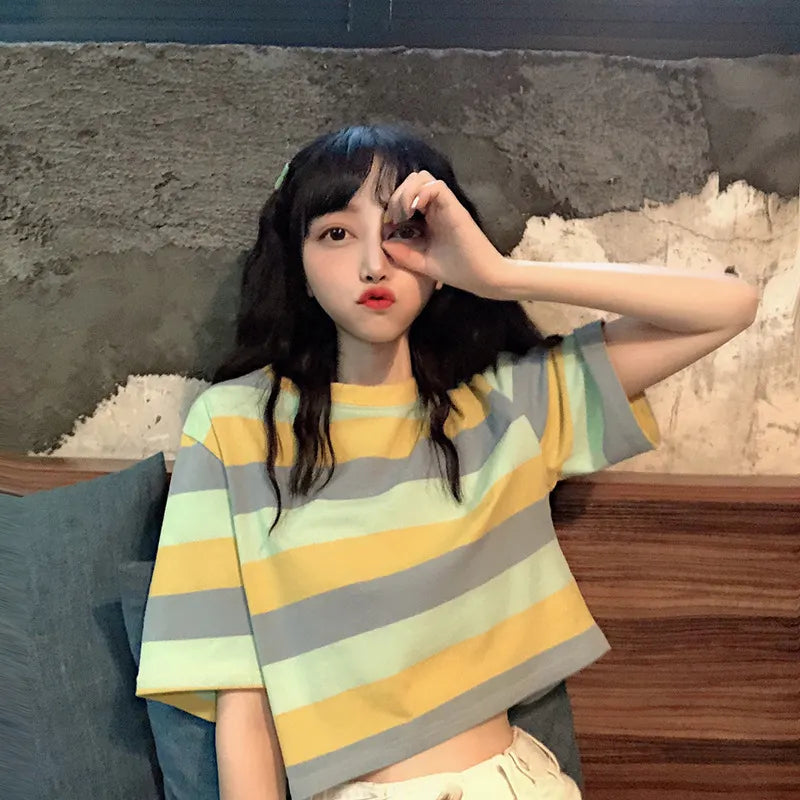 Striped Round Neck Short Sleeve Loose Crop Top