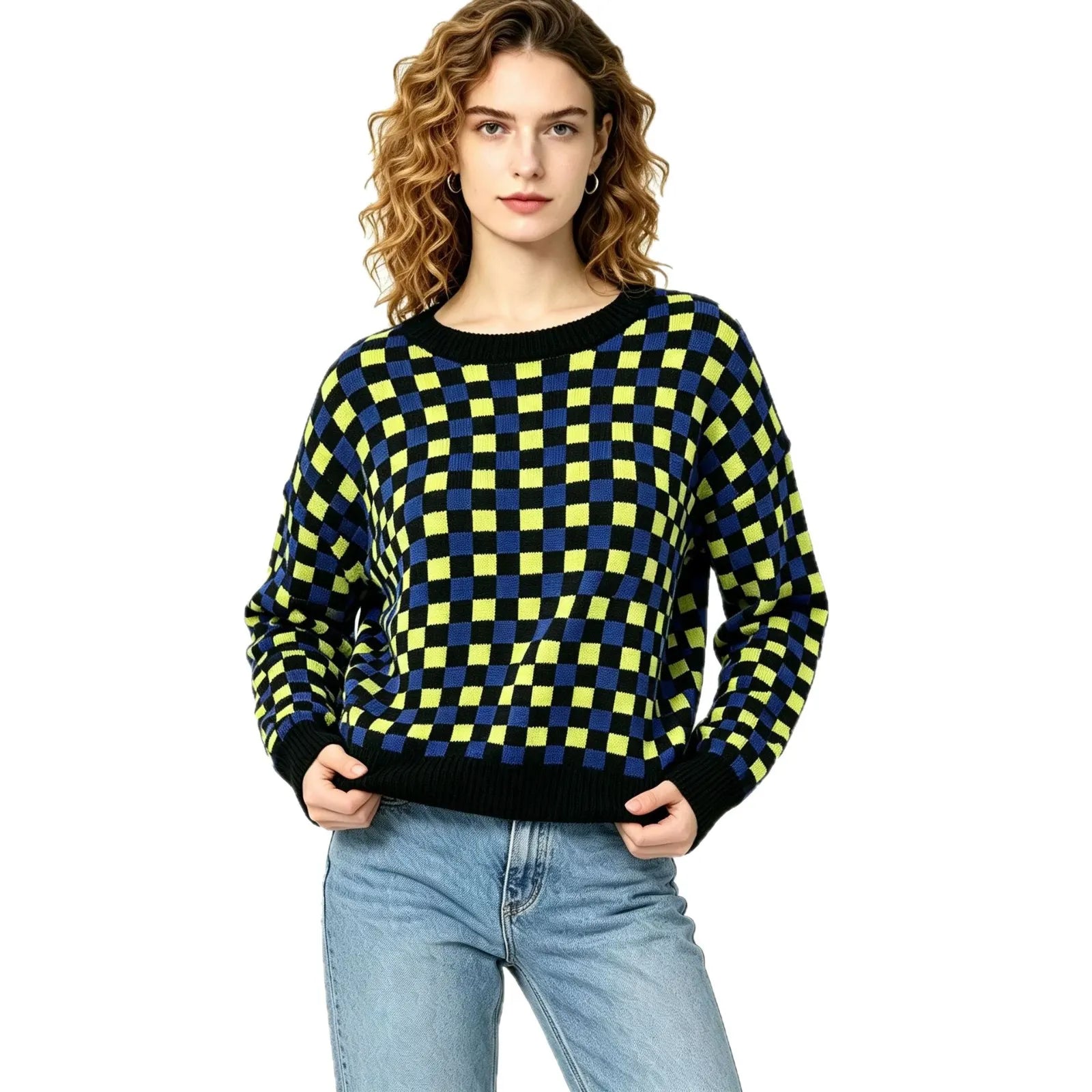 Color Block Checkerboard Jacquard Round Neck Pullover Sweater