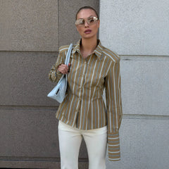 Blue Brown Vertical Stripe Button Down Shirt, Collared Long Sleeve Loose Blouse