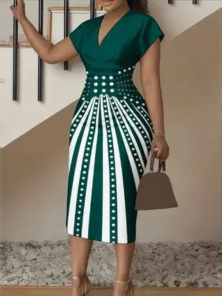 3D Stereoscopic Color Block Deep V-Neck Bodycon Midi Dress