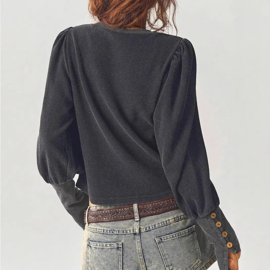 Waffle Knit Button Cuff Top