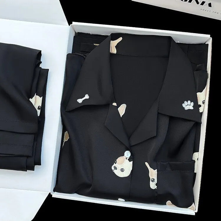 Cute Kitty Leopard Print Satin Ladies Sleepwear, 2 Piece Long Sleeve Top & Pants Pajamas