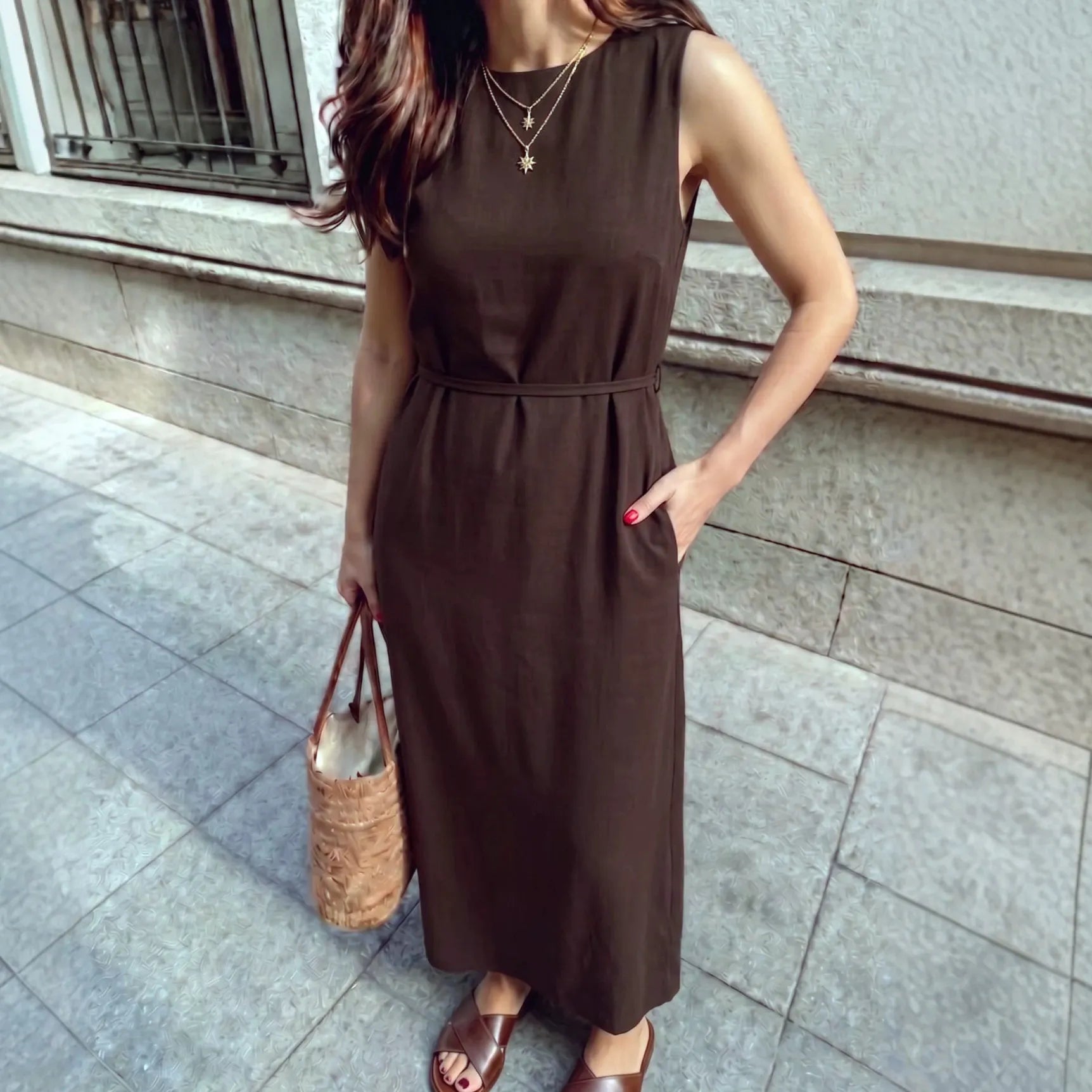 Solid Round Neck Sleeveless Straight A-Line Long Midi Dress