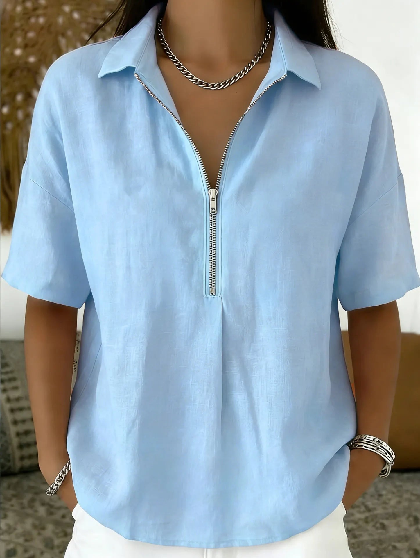 Solid Lapel Half Zip Short Sleeve Casual Top