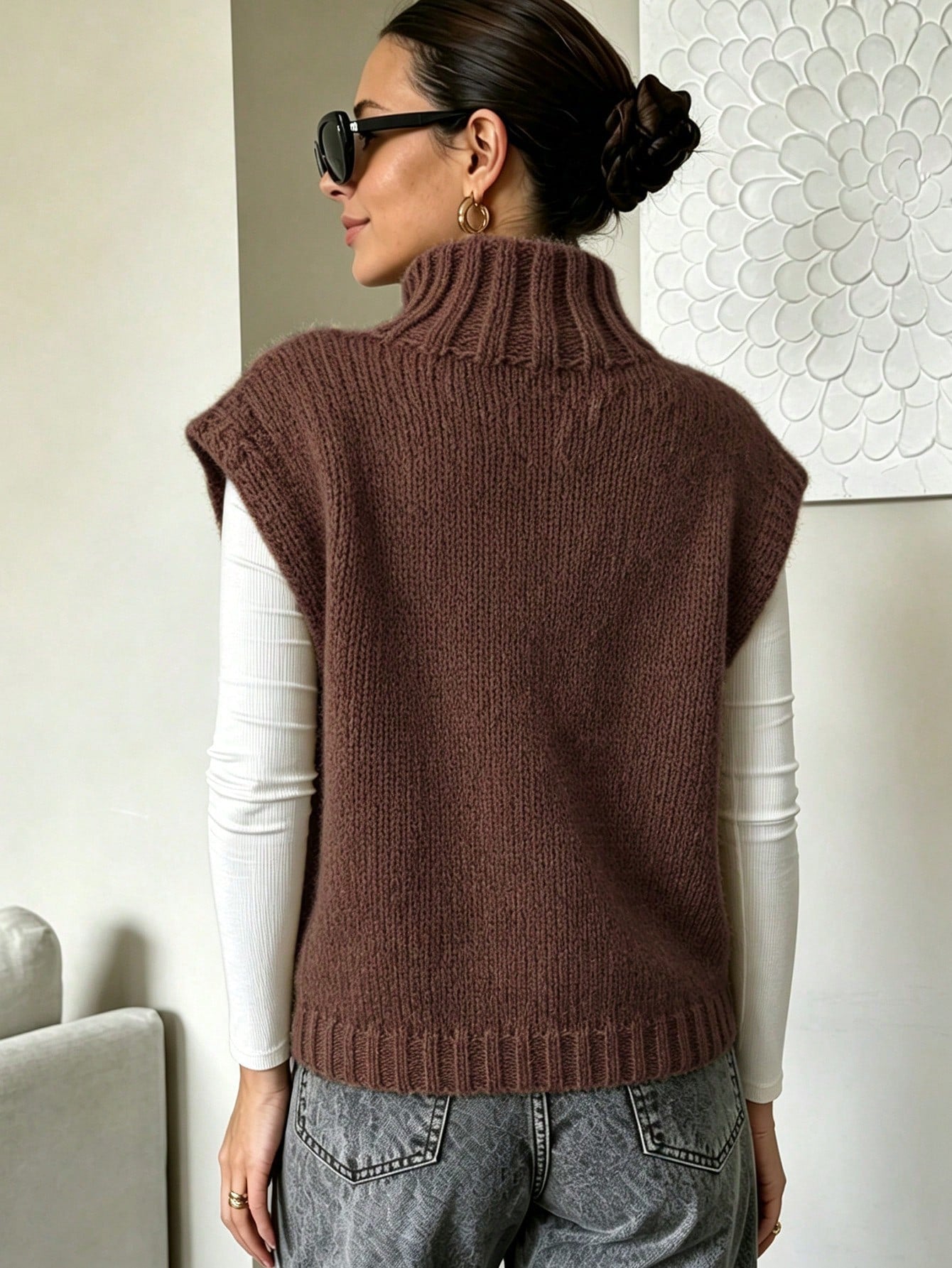 Coffee Brown High Neck Knit Sweater Vest