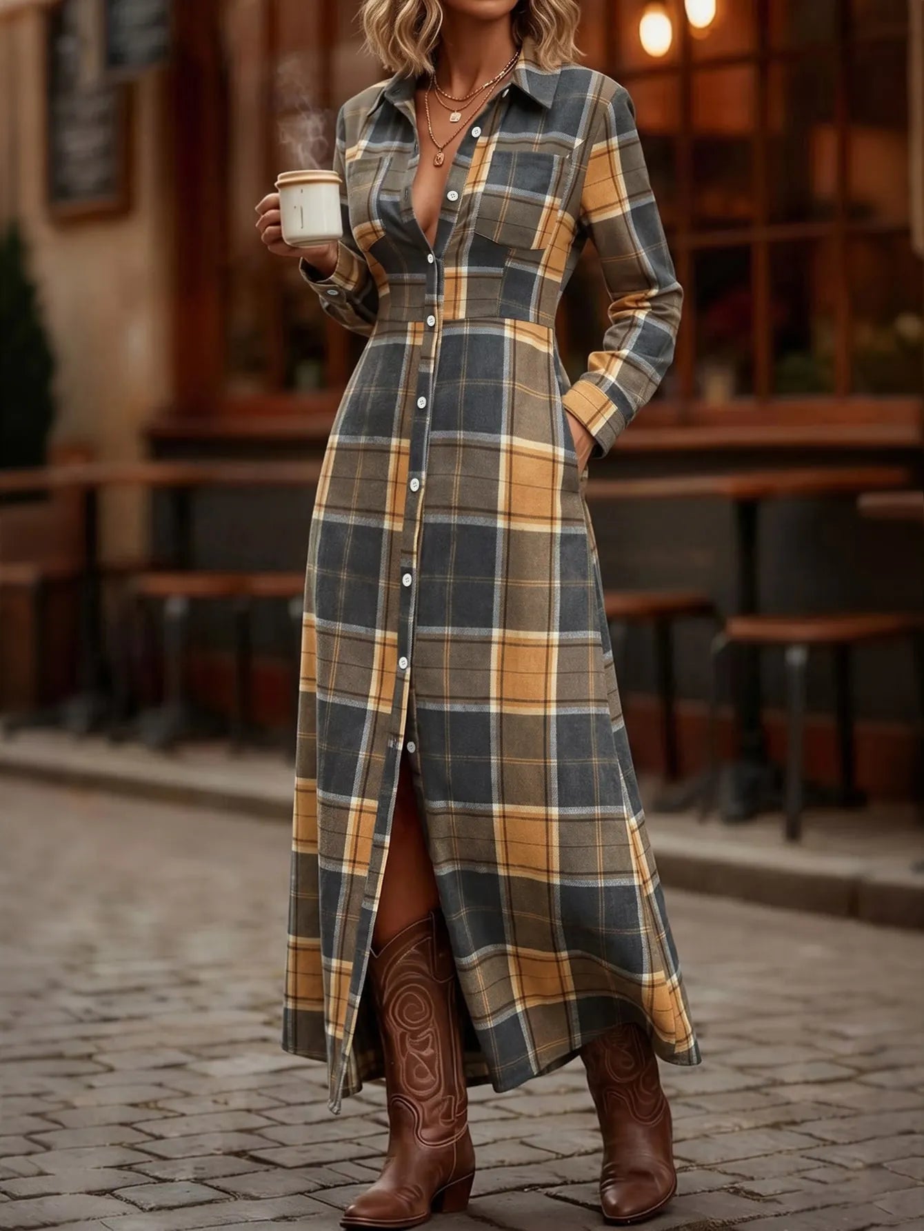 Breezaya Plaid Print Button Front Shirt Dress