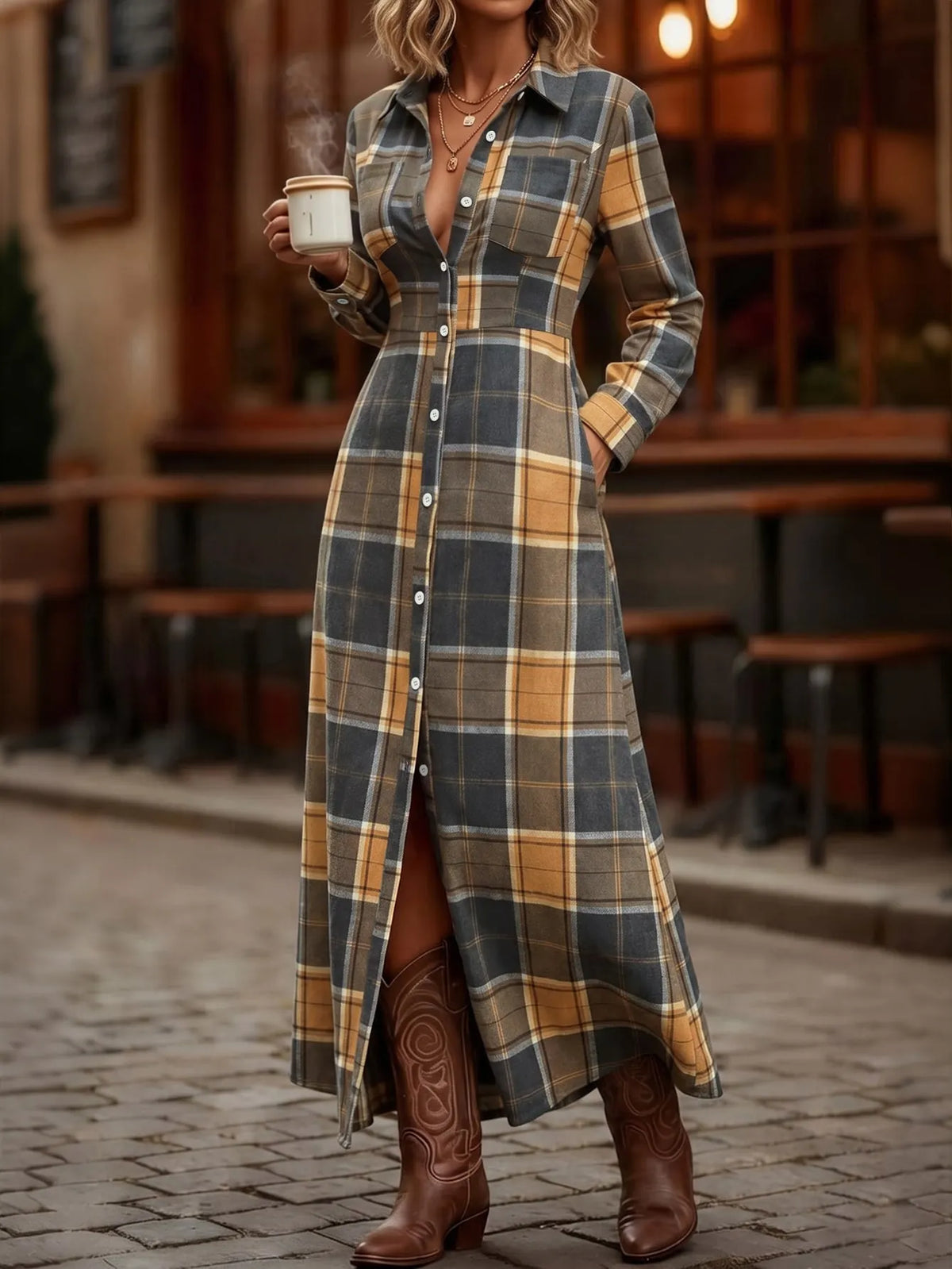 Breezaya Plaid Print Button Front Shirt Dress