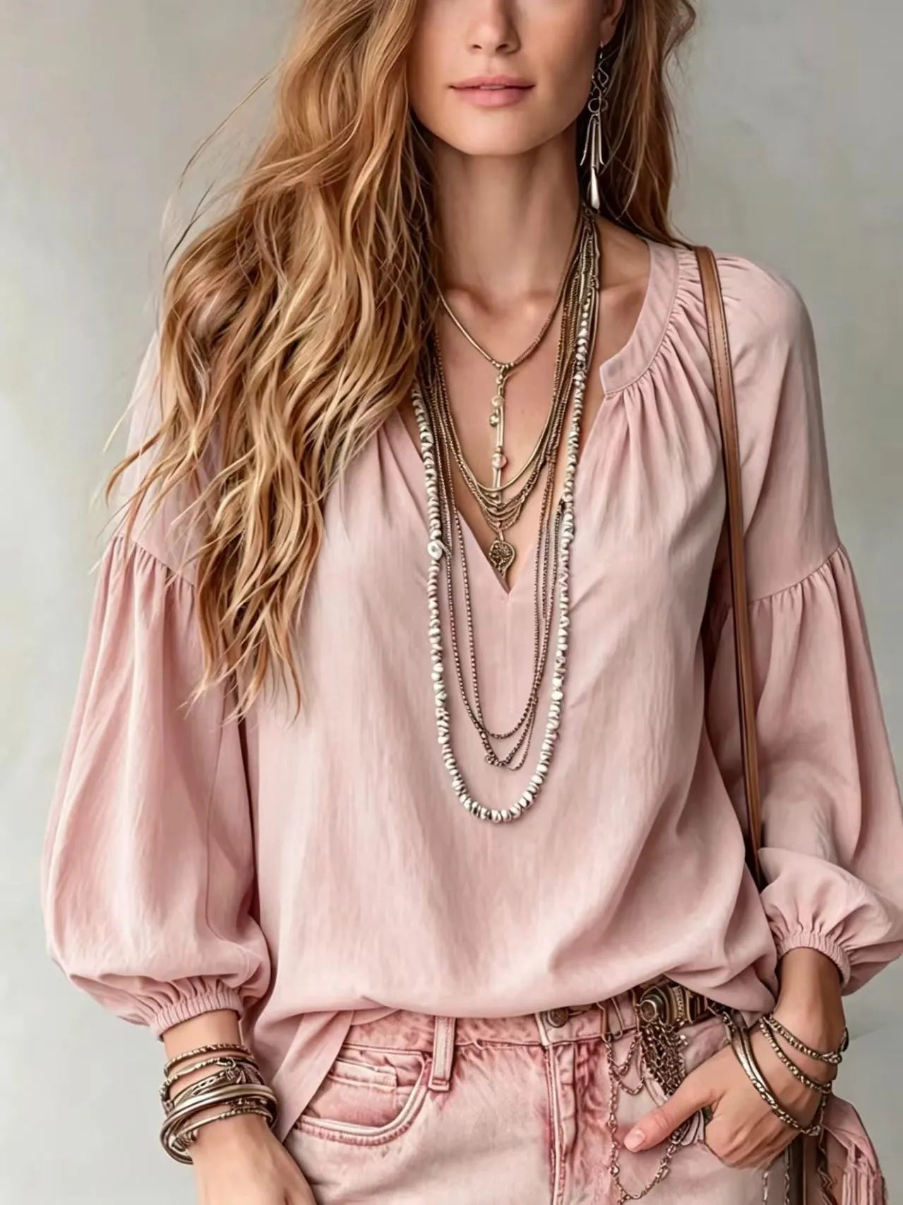 Notched V Neck Puff Sleeve Elastic Cuff Relaxed Fit Shirt