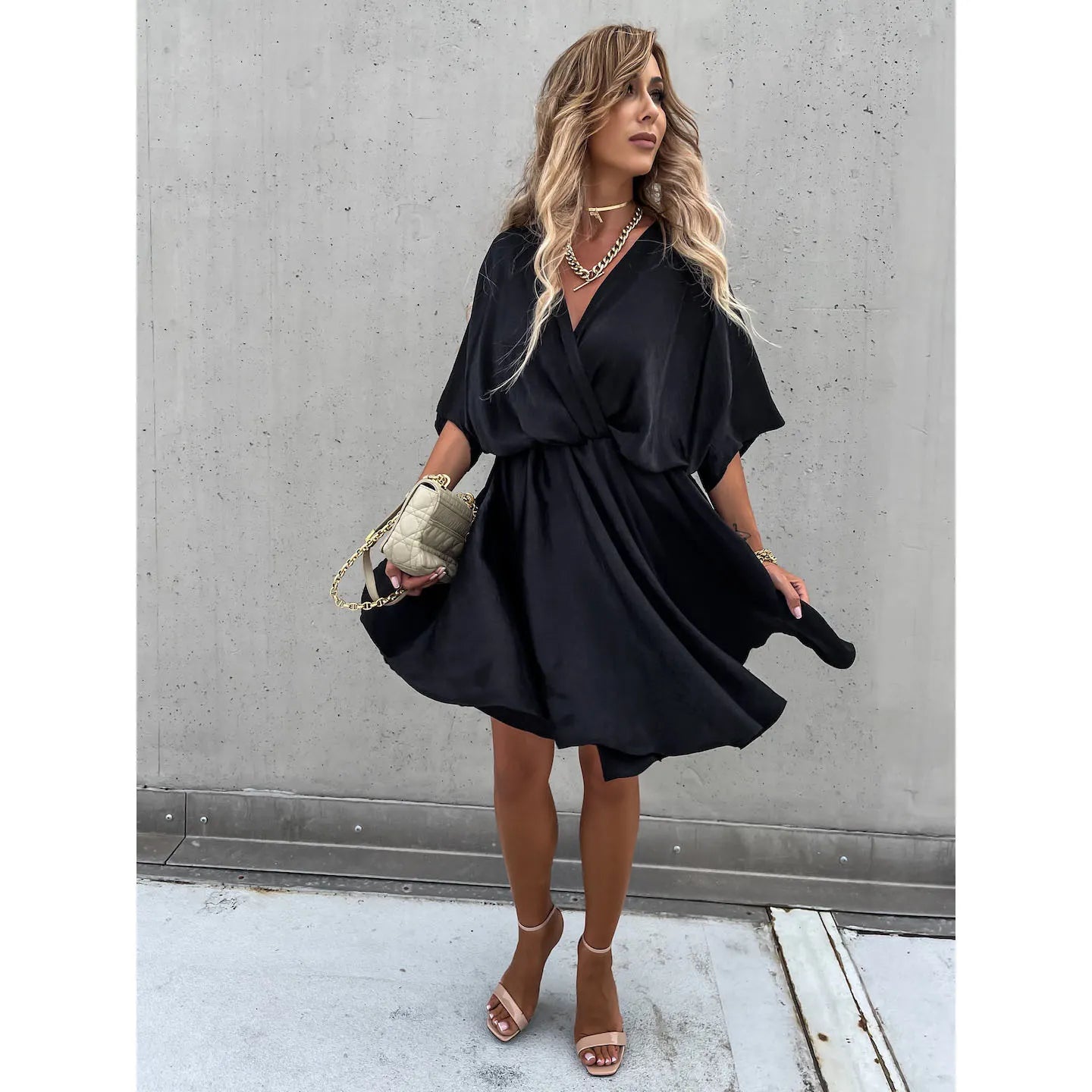 Batwing Sleeve Wrap Front Mini Dress