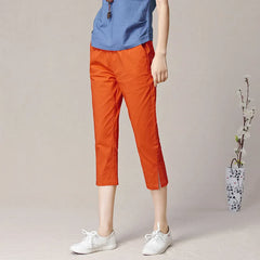 Mid Waist Elastic Waist Split Hem Straight Cropped Commuter Casual Pants
