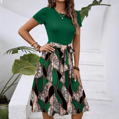 Color Block Leopard Geometric Print Tie Waist Midi Dress