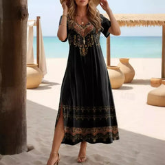 Floral Print Crew Neck Loose Split Maxi Dress