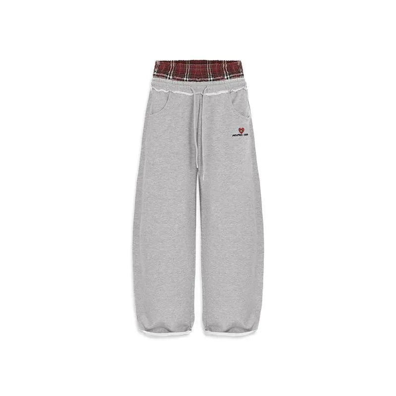 Plaid Waistband Stripe Wide Leg Grey Sweatpants
