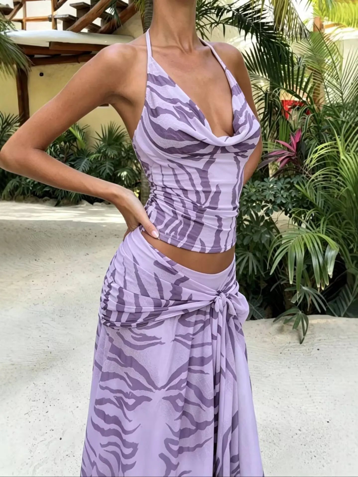 Zebra Print Sleeveless Halter Vest & A-Line Midi Skirt Casual Dress Set