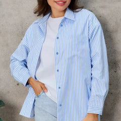Vertical Stripe Lapel Button Down Loose Cotton Long Sleeve Shirt