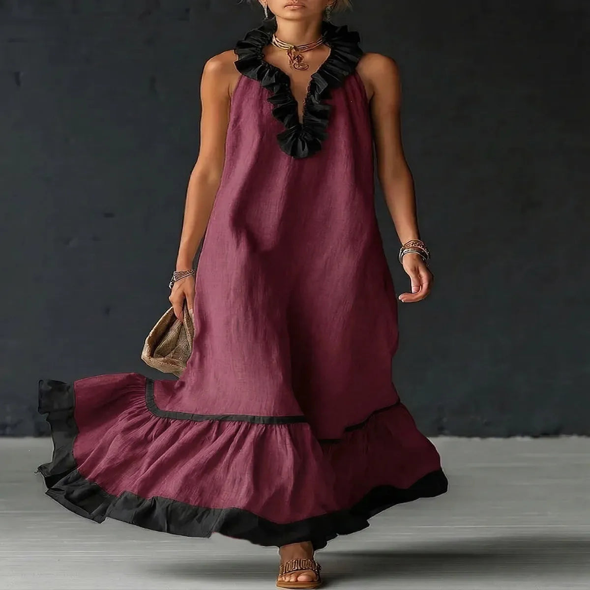 Contrast Ruffle V-Neck Sleeveless Maxi Dress