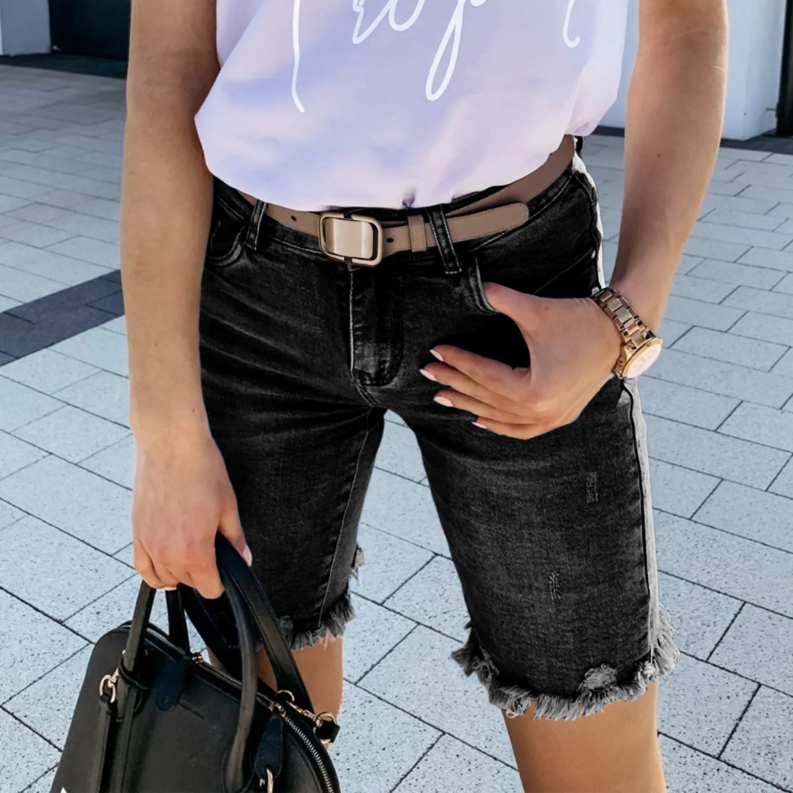 Frayed Raw Hem Denim Bermuda Shorts