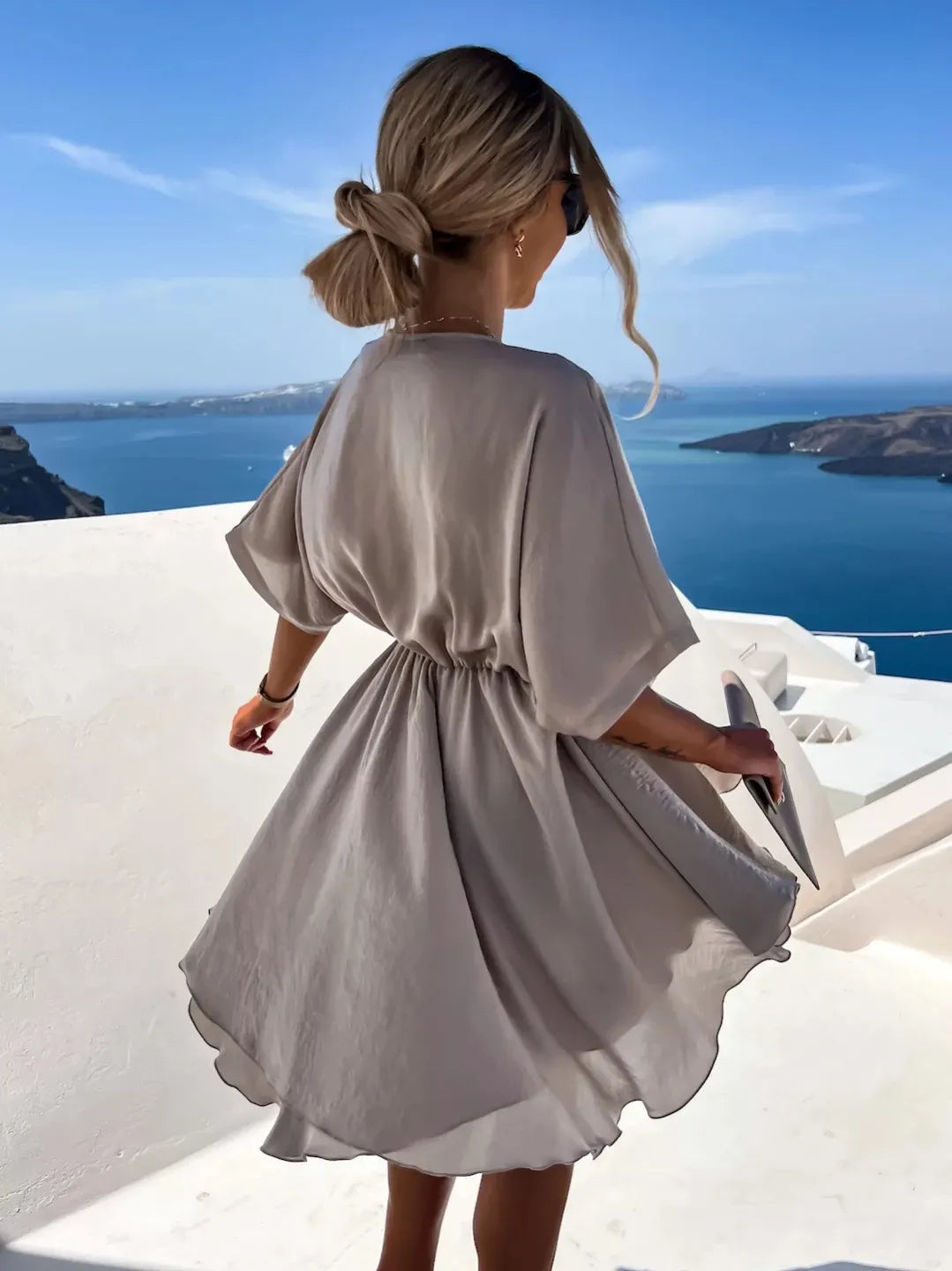 Batwing Sleeve Wrap Front Mini Dress