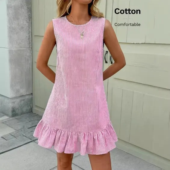 Round Neck Sleeveless Vertical Striped Loose Straight Mini Dress With Ruffle Hem