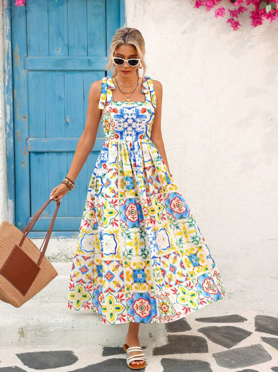 Tie Bow Spaghetti Strap Allover Mediterranean Floral Print Elastic Waist Flowy Midi Dress