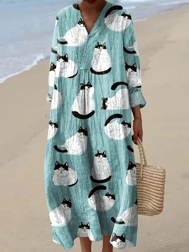 V‑Neck Floral Bird Print Mori Style Long Dress