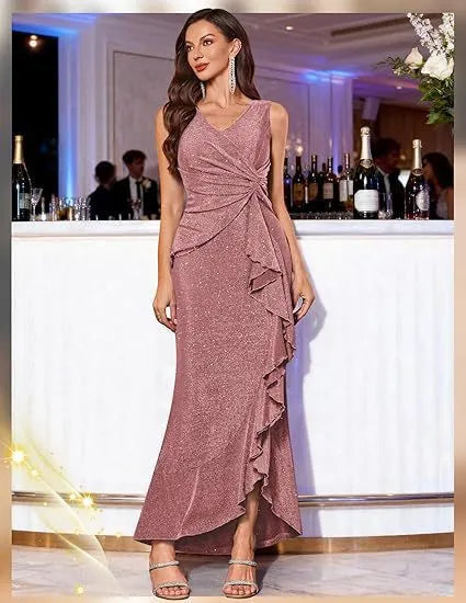 Sleeveless V Neck Sequin Maxi Dress, Ruched Ruffle Split Hem Formal Evening Gown