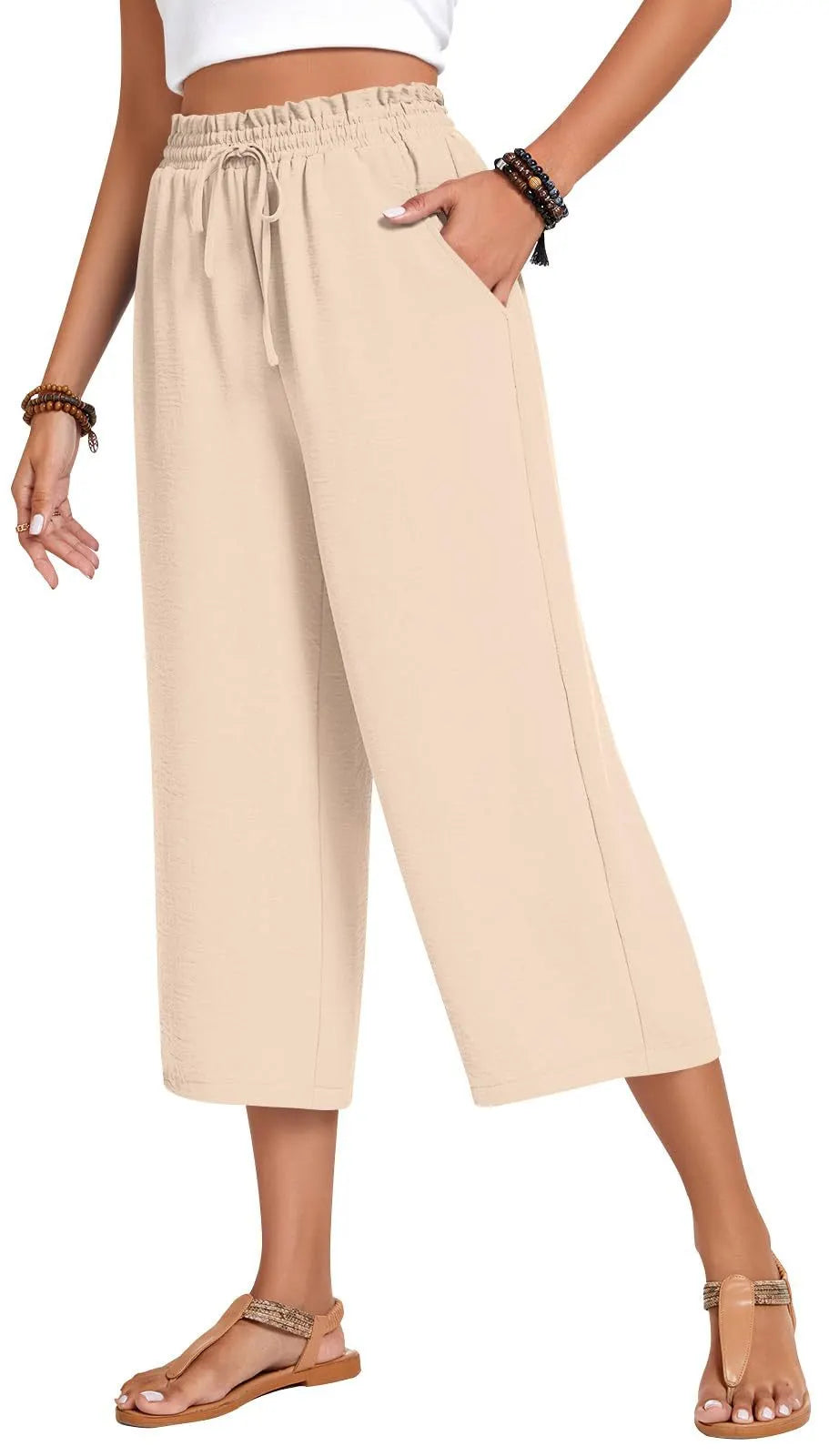 Matching Flowy Linen Look Floral Print Drawstring High Waist Loose Cropped Casual Daily Outfit Pants