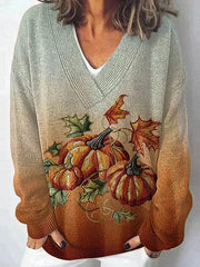 Halloween Pumpkin Print V‑Neck Sweater
