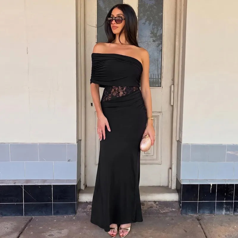 Solid One Shoulder Ruched Lace Panel High Waist Mermaid Maxi Dress