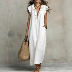 Deep V-Neck Ruffle Cap Sleeve Loose A-Line Maxi Dress