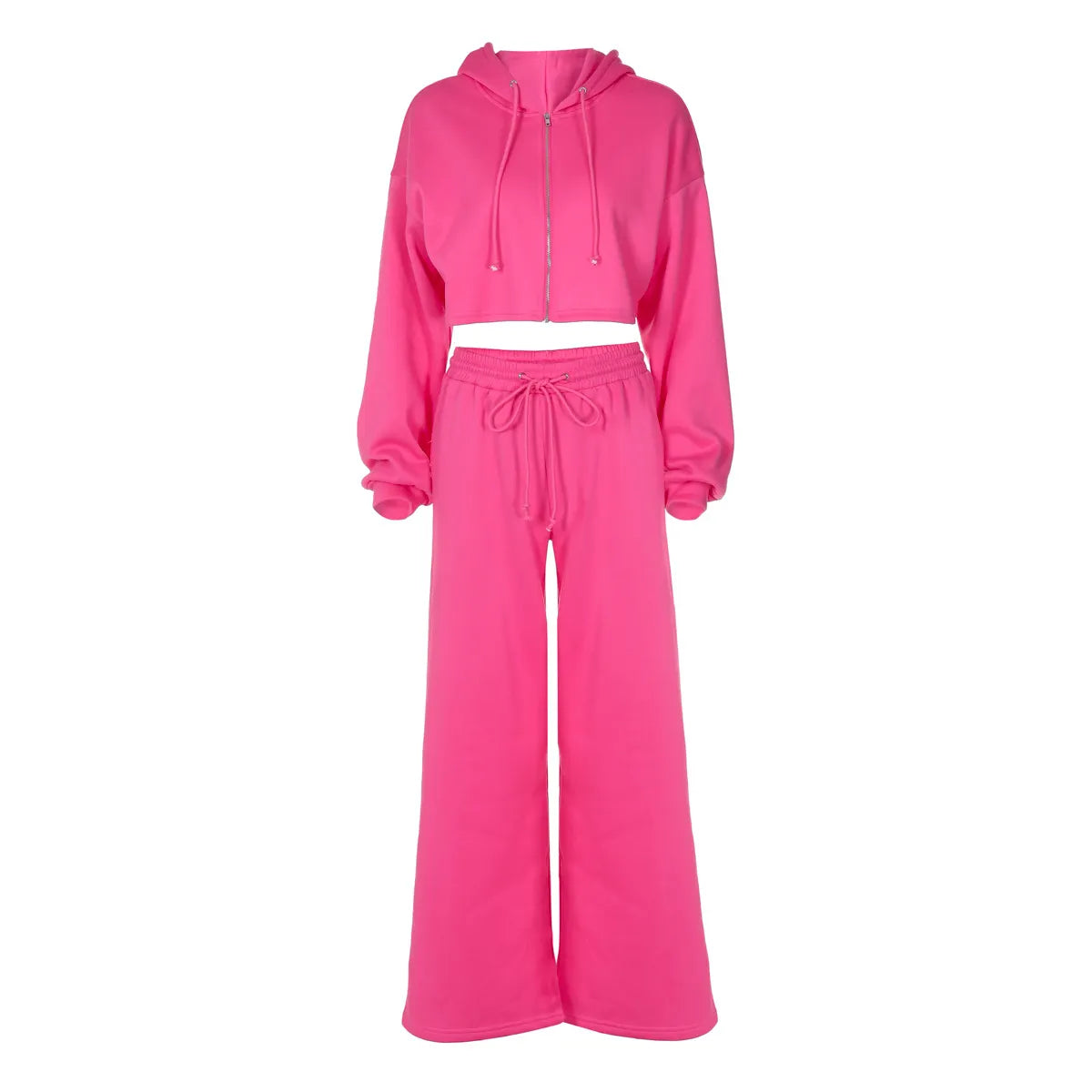 Cropped Hoodie Set, Zip-Up Sweatshirt & Wide Leg Sweatpants