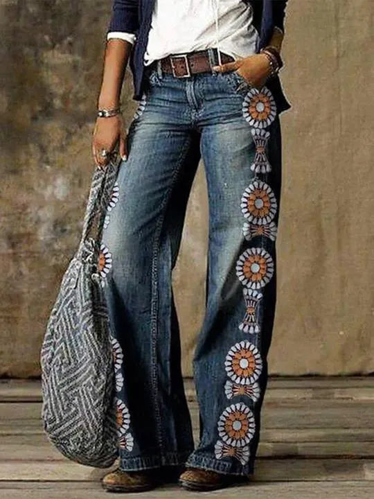 Mid Waist Printed Loose Straight Long Jeans