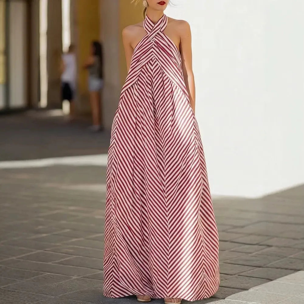 Striped Print Halter Backless Loose A-Line Floor-Length Maxi Dress