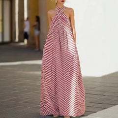Striped Print Halter Backless Loose A-Line Floor-Length Maxi Dress