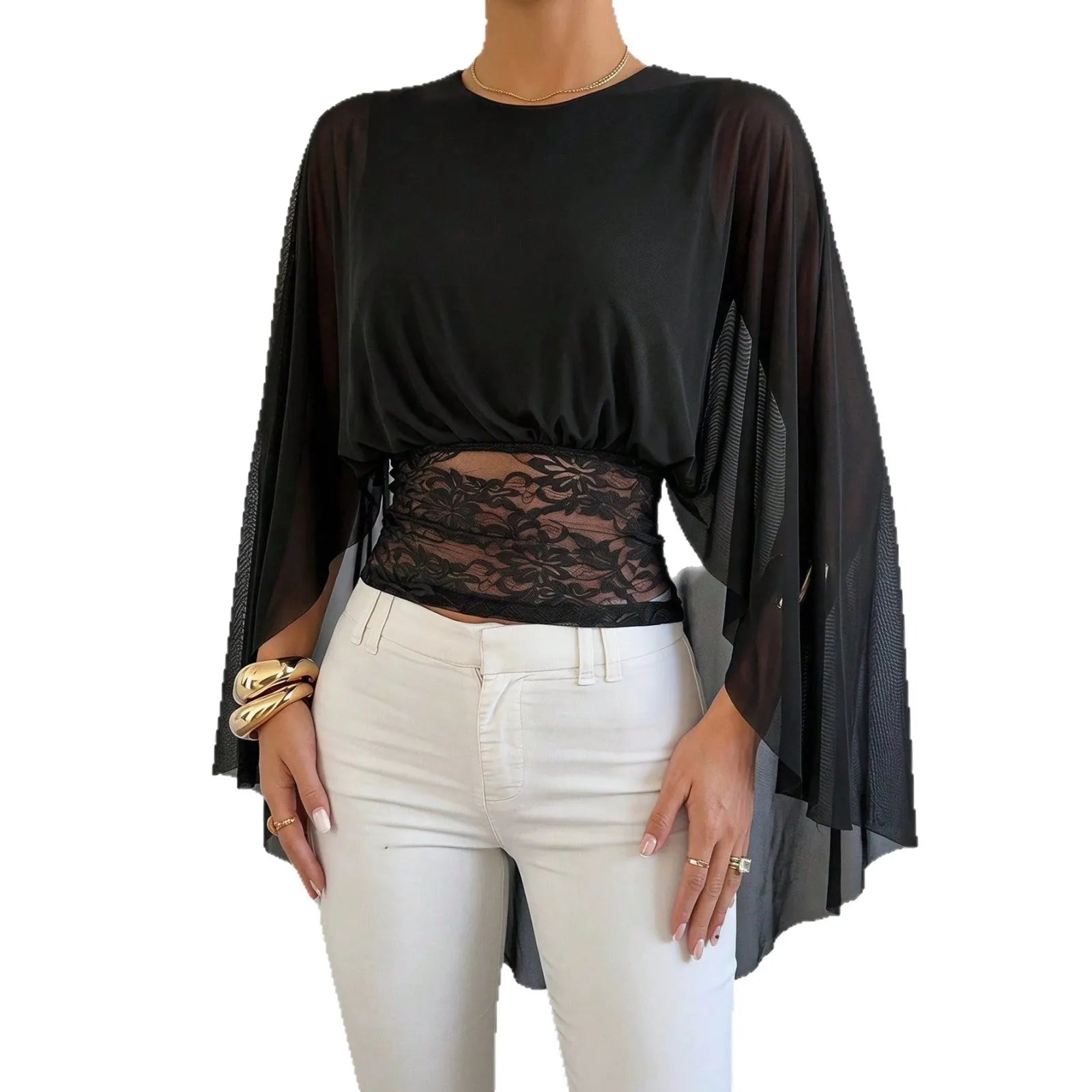 Black Chiffon Cape Sleeve Top | Lace Waist Cutout Cropped Blouse