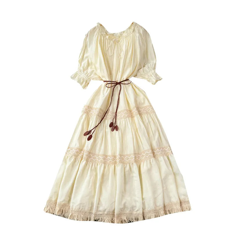 Ruffled Neck Drawstring Waist Lace Panel Tassel Hem Tiered Maxi Dress