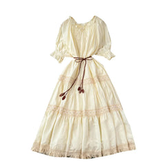 Ruffled Neck Drawstring Waist Lace Panel Tassel Hem Tiered Maxi Dress