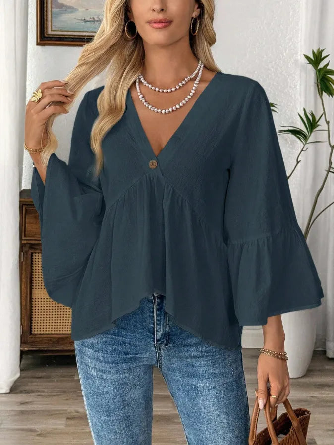 V-Neck Single Button Ruffle Sleeve Blouse