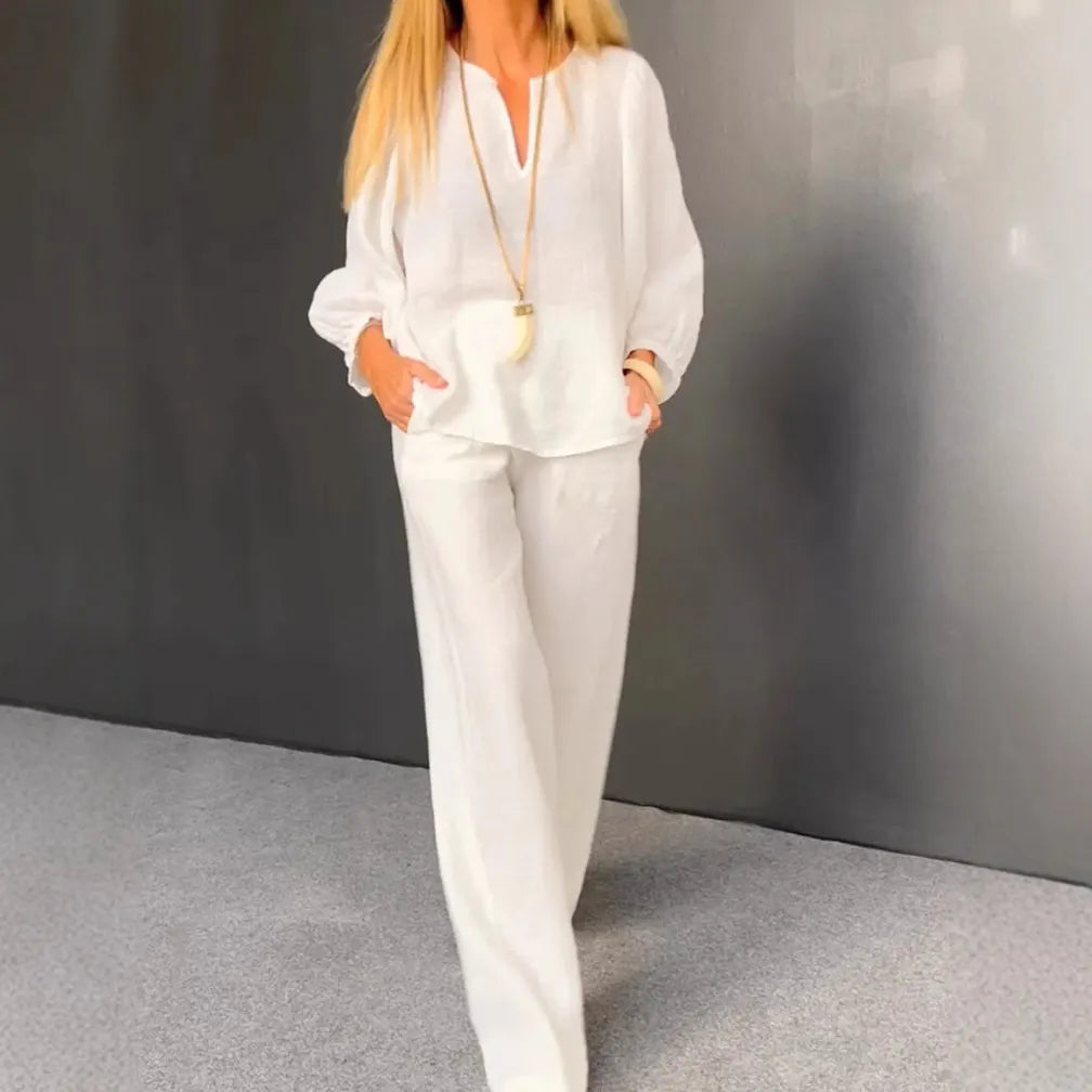 V-Neck Puff Sleeve Top & Wide Leg Pants Solid Two-Piece Casual Set
